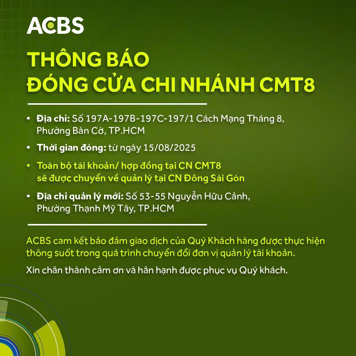 Thông Báo Về Việc đóng Cửa Chi Nhánh Cmt8