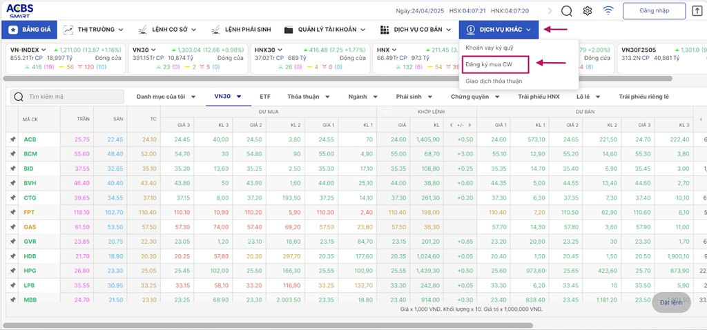Nhà đầu tư có thể đăng ký mua chứng quyền trên webtrade